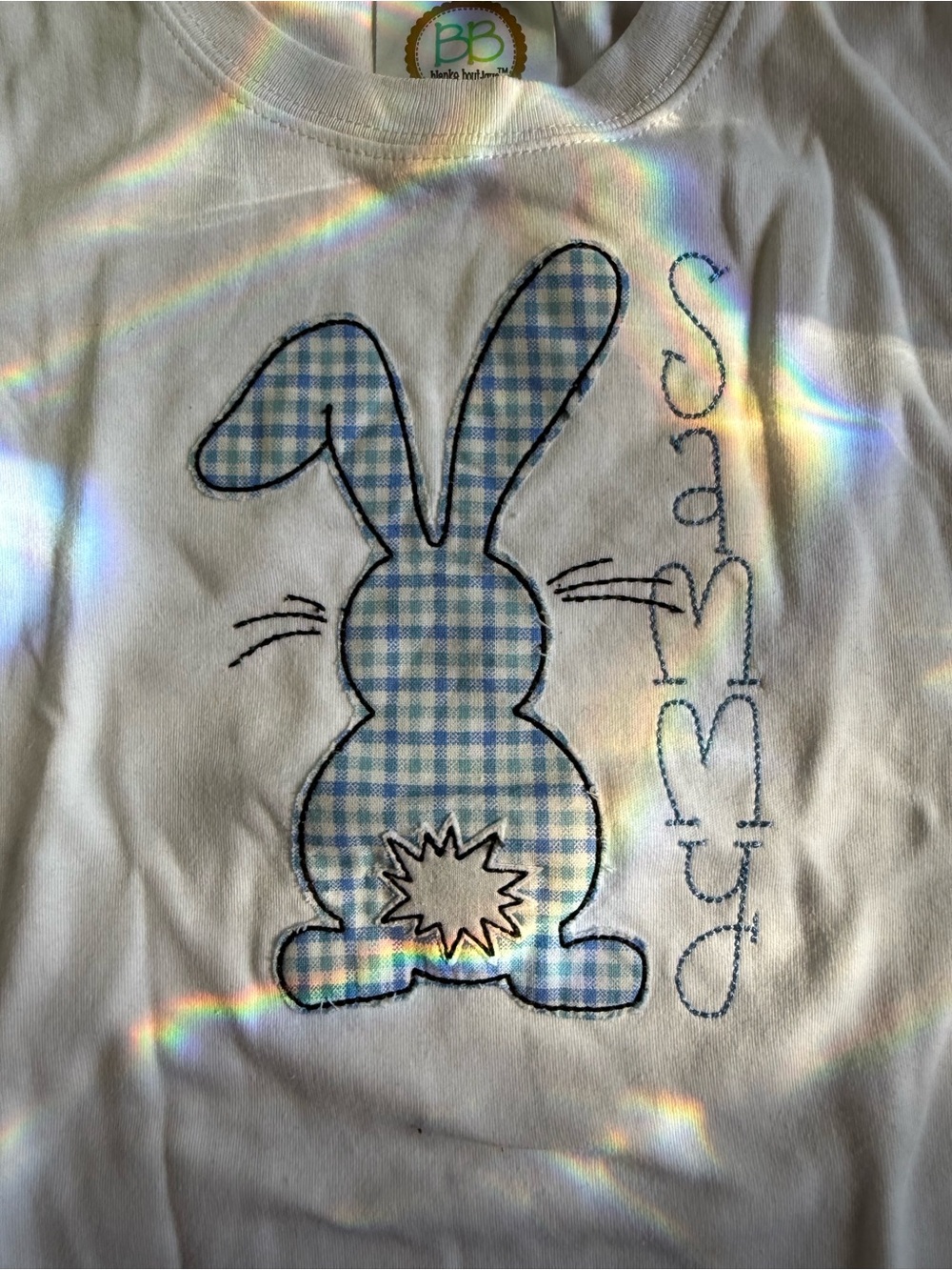 White Kids Bunny Appliqué Top - Blue Gingham